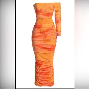 Jluxlabel Orange Capri One Shoulder Ruched Maxi Dress